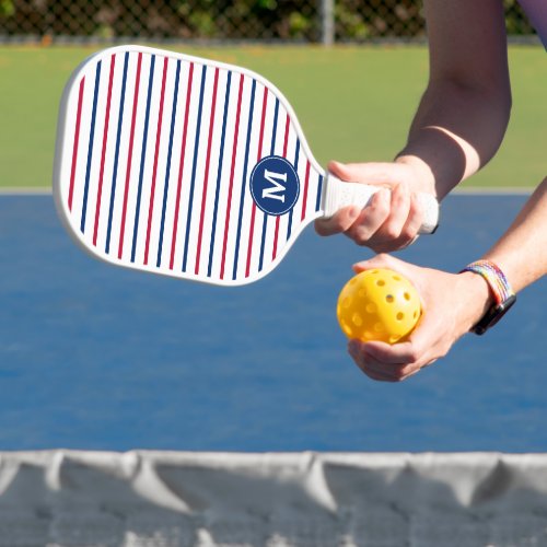 Monogrammed Minimalist Red and Blue Stripes Modern Pickleball Paddle