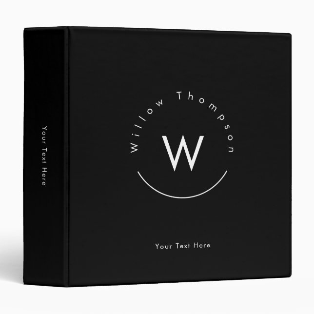 Monogrammed Minimalistic Modern Black 3 Ring Binder (Front/Spine)