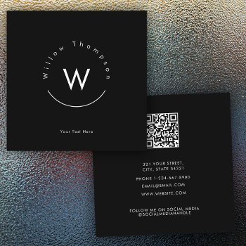 Monogrammed Minimalistic Modern Black Qr Code Square Business Card by idovedesign at Zazzle
