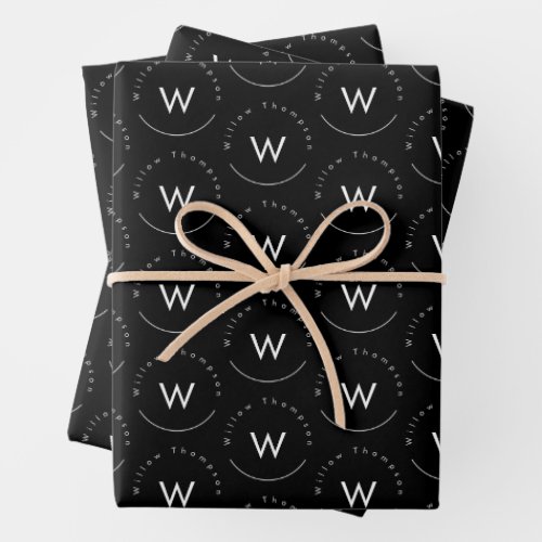 Monogrammed Minimalistic Modern Black Wrapping Paper Sheets