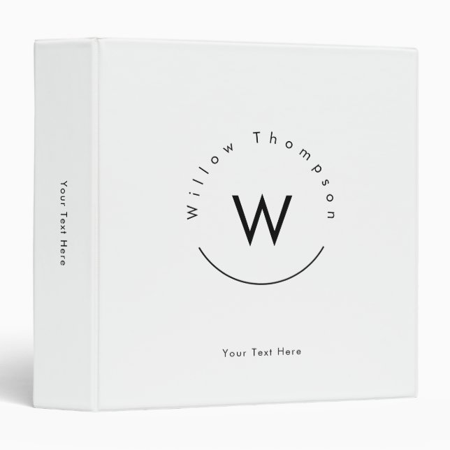 Monogrammed Minimalistic Modern White 3 Ring Binder (Front/Spine)