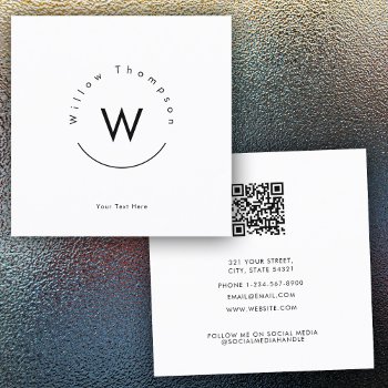 Monogrammed Minimalistic Modern White Qr Code Square Business Card by idovedesign at Zazzle