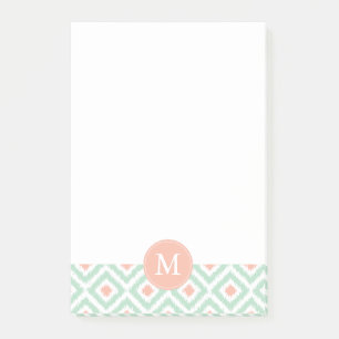 Monogrammed Mint and Coral Diamonds Ikat Pattern Post-it Notes