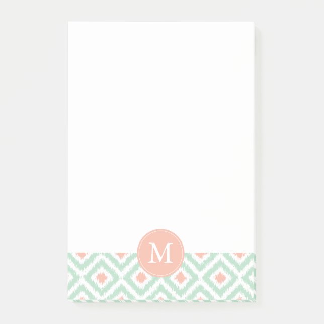 Monogrammed Mint and Coral Diamonds Ikat Pattern Post-it Notes (Front)