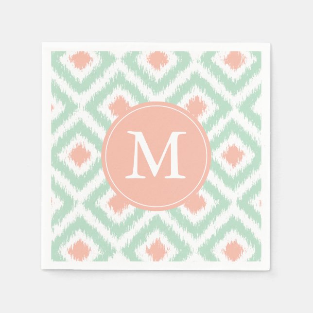 Monogrammed Mint and Coral Ikat Pattern Paper Napkins (Front)
