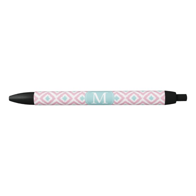 Monogrammed Mint and Pink Diamonds Ikat Pattern Pen (Front)