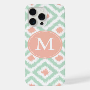 Monogrammed Mint Coral Diamond Ikat Pattern iPhone 15 Pro Max Case