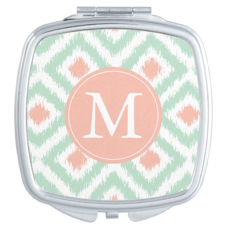 Monogrammed Mint Coral Diamond Ikat Pattern Mirror For Makeup