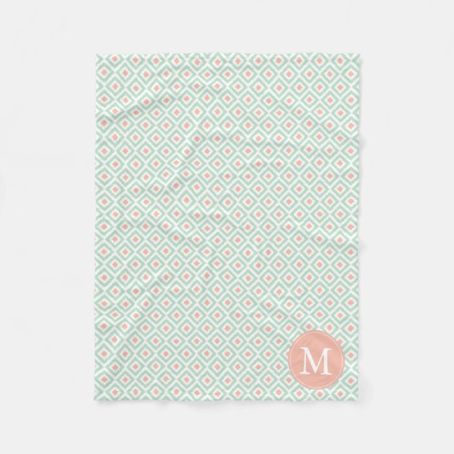 Monogrammed Mint Coral Diamonds Ikat Pattern Fleece Blanket (Front)