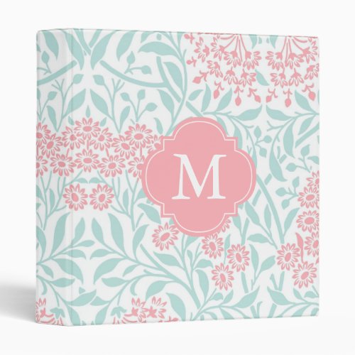 Monogrammed Mint Coral Floral Damask Pattern 3 Ring Binder