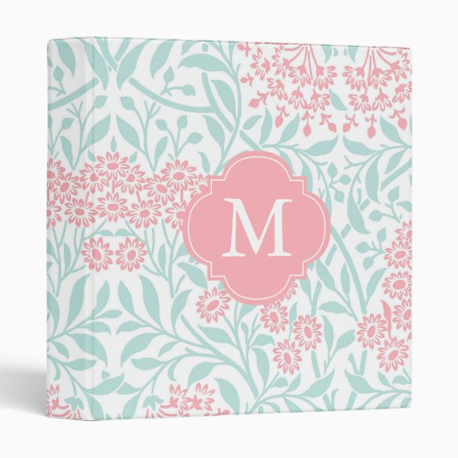 Monogrammed Mint Coral Floral Damask Pattern 3 Ring Binder (Front/Spine)