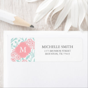 Monogrammed Mint Coral Floral Damask Pattern Label