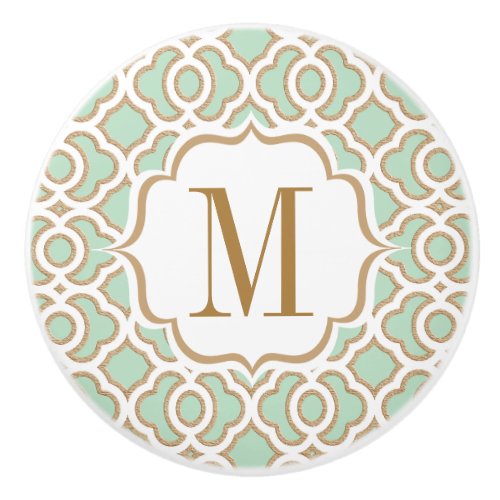 Monogrammed Mint Green and Gold Moroccan Ceramic Knob