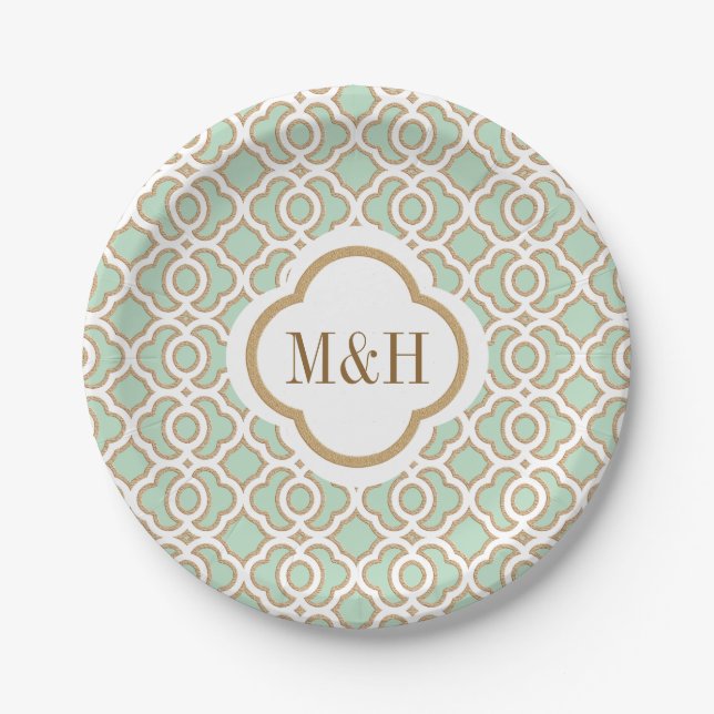 Monogrammed Mint Green and Gold Moroccan Wedding Paper Plates (Front)