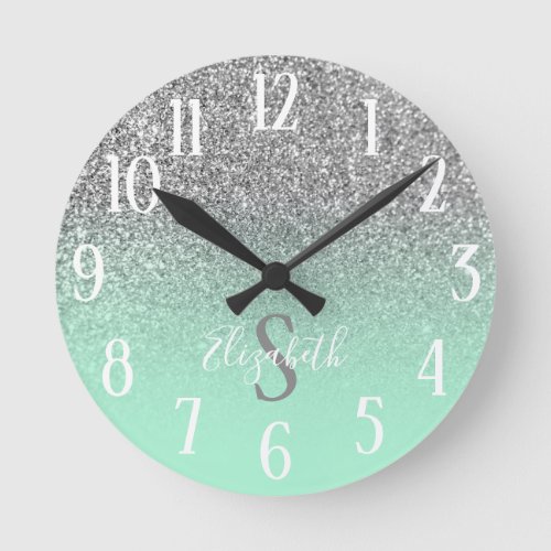 Monogrammed Mint Green and Silver Glitter Ombre Round Clock