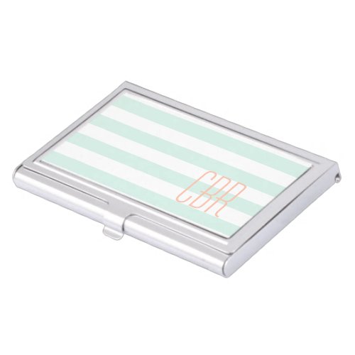 Monogrammed Mint Green Coral Horizontal Stripes Case For Business Cards