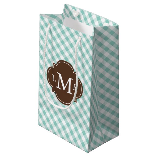 Monogrammed Mint Green Gingham Pattern Small Gift Bag (Front Angled)
