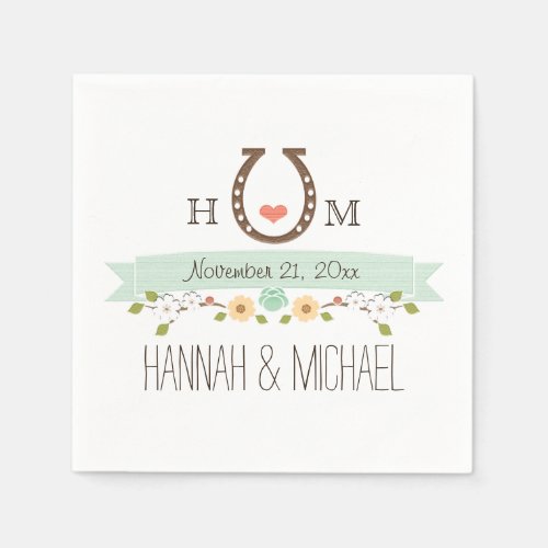 Monogrammed Mint Green Horseshoe Heart Wedding Napkins