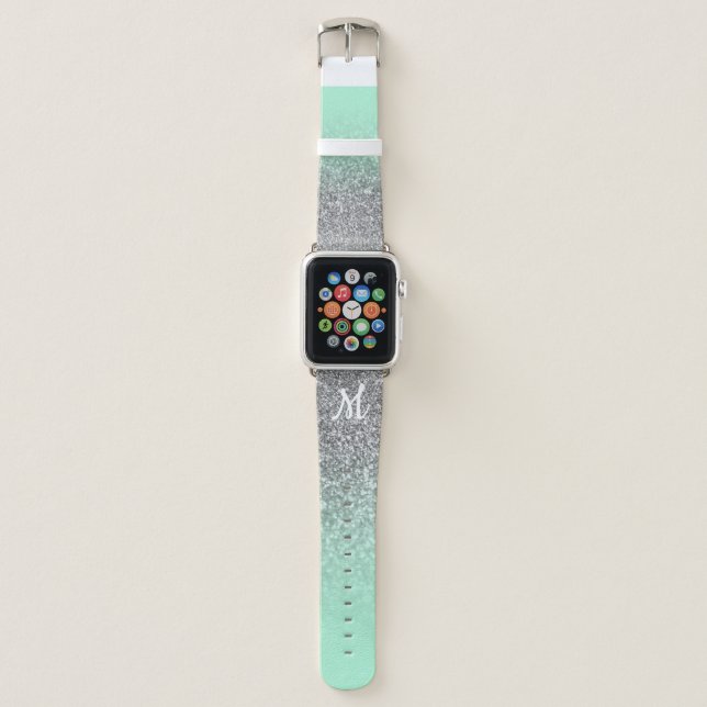 Monogrammed Mint Green Silver Faux Glitter Ombre Apple Watch Band (Front)