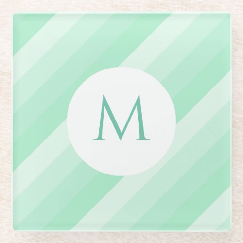 Monogrammed Mint Green Striped Modern Template Glass Coaster
