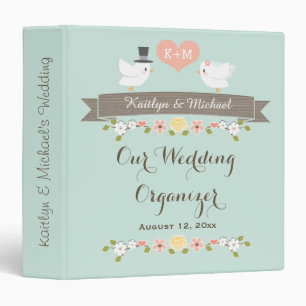 Monogrammed Mint Love Birds Dove Wedding Planner 3 Ring Binder
