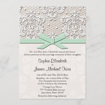 Monogrammed Mint Vintage Lace Wedding Invitations by OccasionInvitations at Zazzle