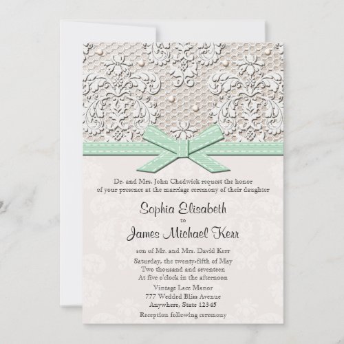 Monogrammed Mint Vintage Lace Wedding Invitations