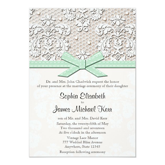 Monogrammed Mint Vintage Lace Wedding Invitations