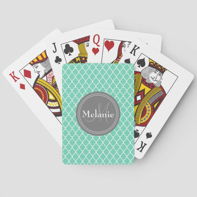 Monogrammed Mint White Moroccan Lattice Pattern Poker Cards (Back)