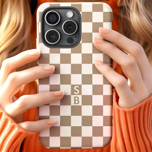 Monogrammed Mocha And White Checkerboard Pattern iPhone 15 Case