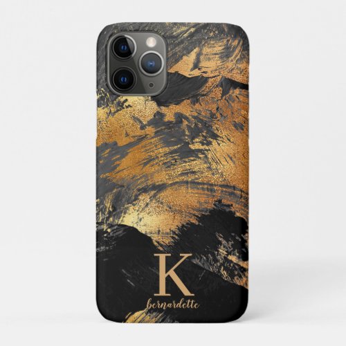 Monogrammed modern abstract art gold and black iPhone 11 pro case