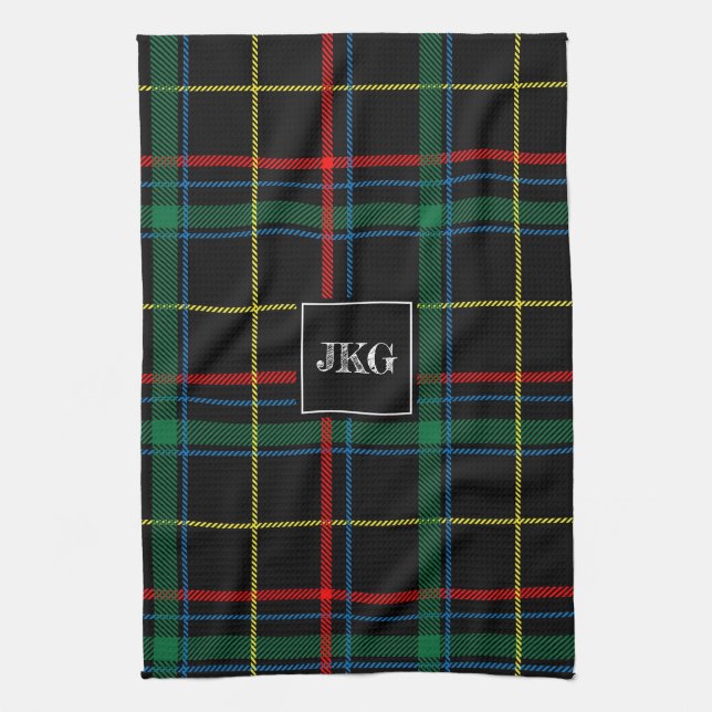 Monogrammed Modern Black Green Plaid Tartan Kitchen Towel (Vertical)