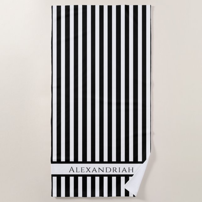 Monogrammed Modern Black White stripes bathroom  B Beach Towel (Front)
