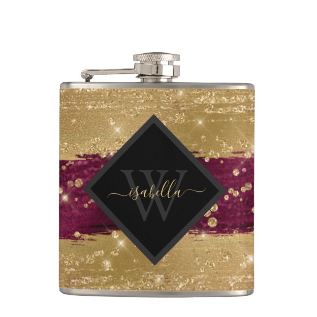 Monogrammed Modern Burgundy Gold Script Flask (Front)