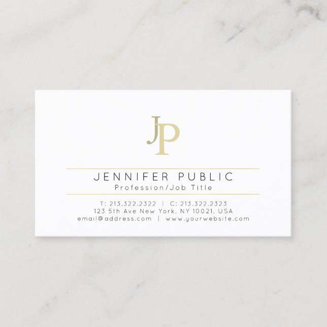 Monogrammed Modern Elegant White Gold Creative Business Card (Front)