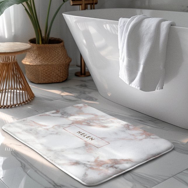 Monogrammed Modern Faux Rose-Gold Marble Bath Mat (Creator Uploaded)