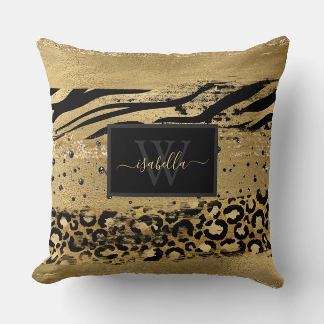 Monogrammed Modern Gold Glitter Script Throw Pillow (Front)