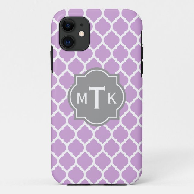 Monogrammed Modern Gray and Lilac Lattice Pattern Case-Mate iPhone Case (Back)