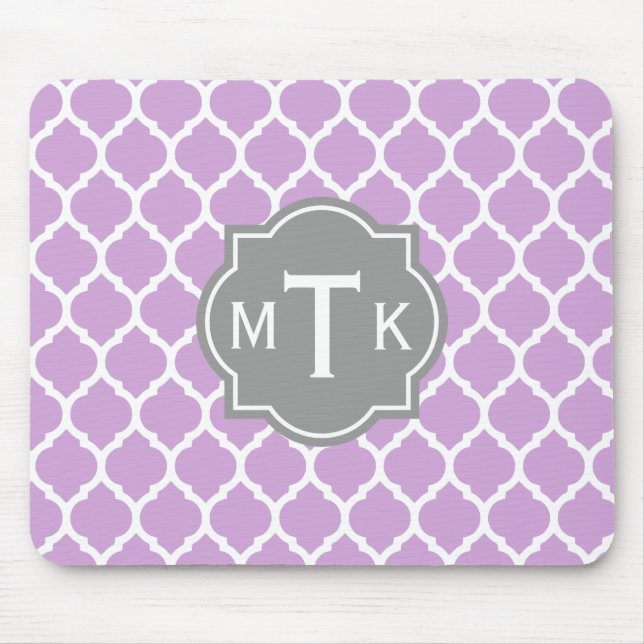 Monogrammed Modern Gray and Lilac Lattice Pattern Mouse Pad (Front)