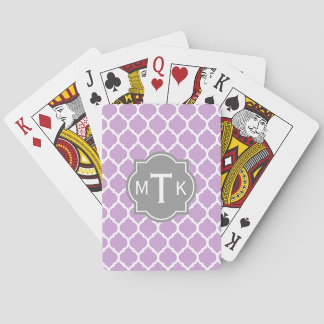 Monogrammed Modern Gray and Lilac Lattice Pattern Poker Cards (Back)
