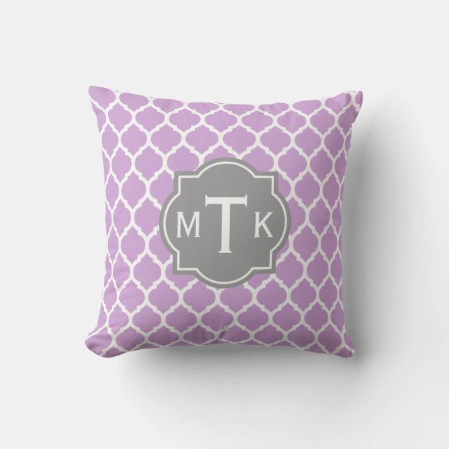 Monogrammed Modern Gray and Lilac Lattice Pattern Throw Pillow (Front)