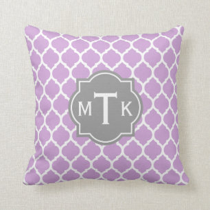 Monogrammed Modern Gray and Lilac Lattice Pattern Throw Pillow