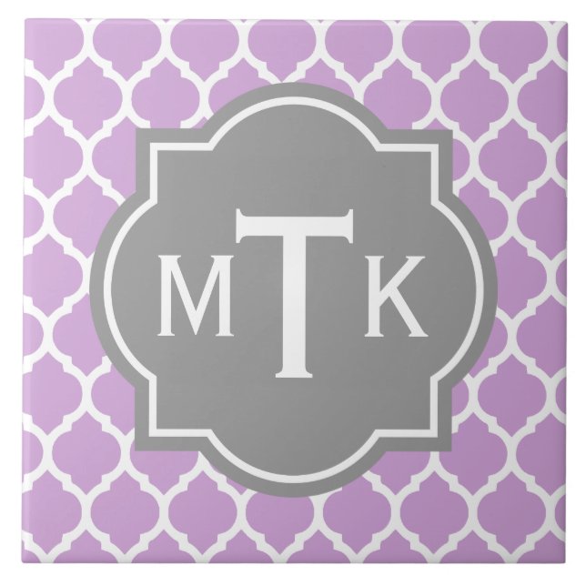 Monogrammed Modern Gray and Lilac Lattice Pattern Tile (Front)