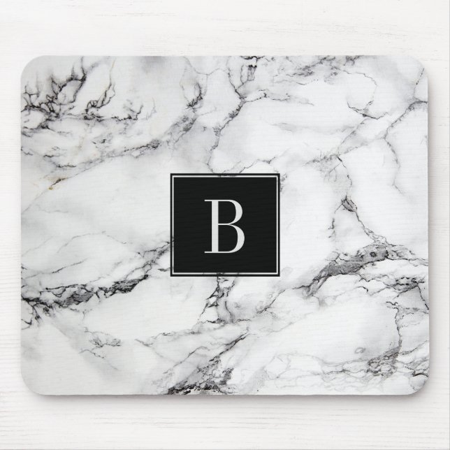 Monogrammed Modern Gray & White Marble Texture Mouse Pad (Front)