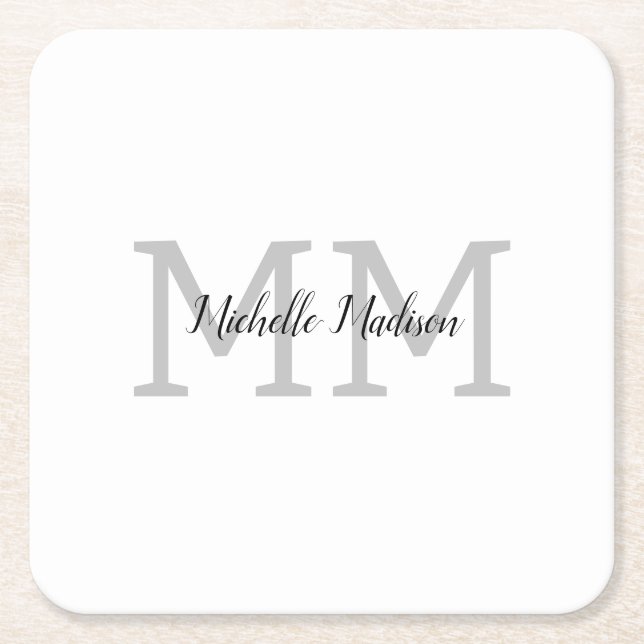 Monogrammed Modern Handwriting Name Initials Square Paper Coaster (Front)