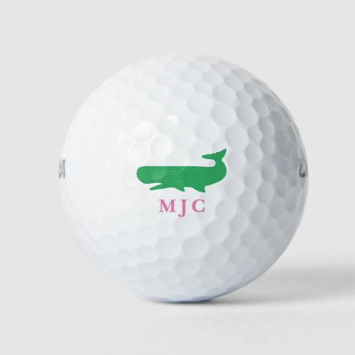 Monogrammed Modern Initials Pink Green Whale Golf Balls