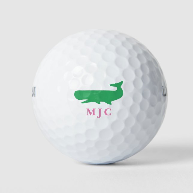 Monogrammed Modern Initials Pink Green Whale Golf Balls (Front)