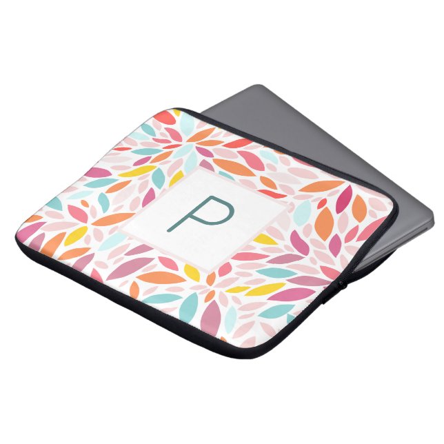 Monogrammed Modern Leaf Mosaic in Vibrant Pastels Laptop Sleeve (Front Top)
