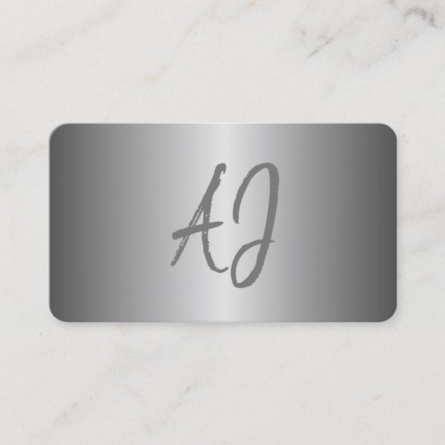 Monogrammed modern metallic silver grey white business card (Front)