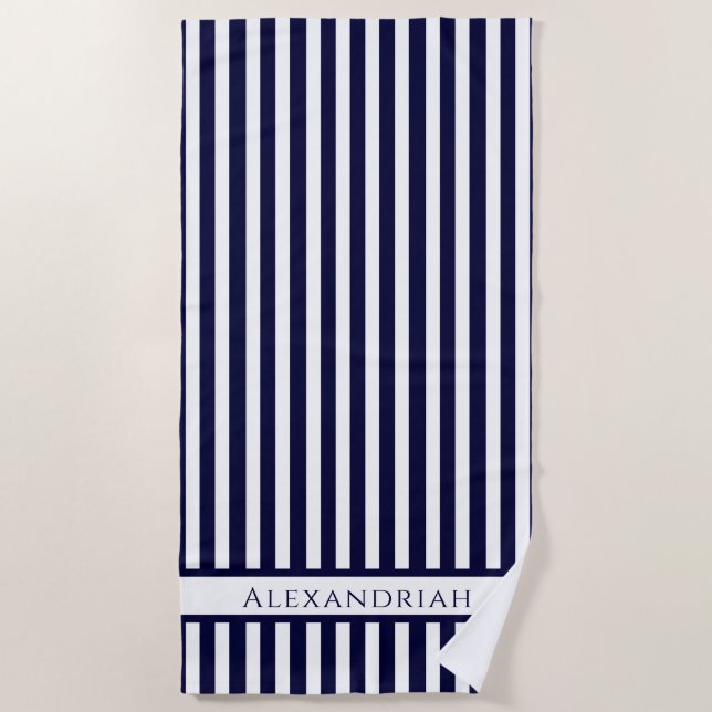 Monogrammed Modern Navy Blue White stripes Beach Towel (Front)